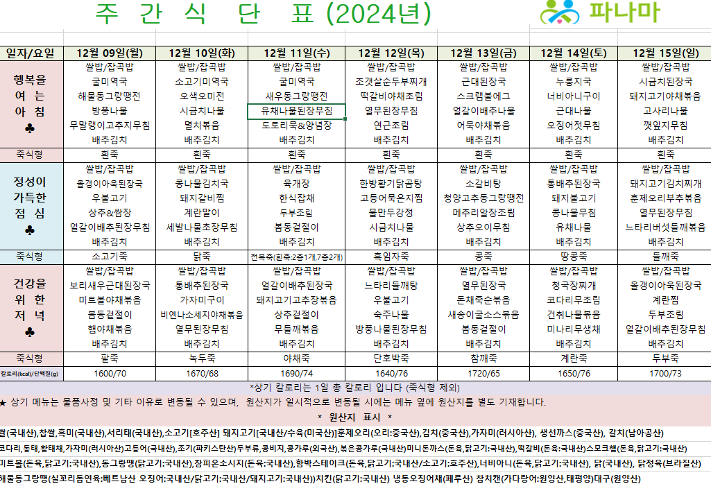파나마 실버케어 12월 둘째주 식단표