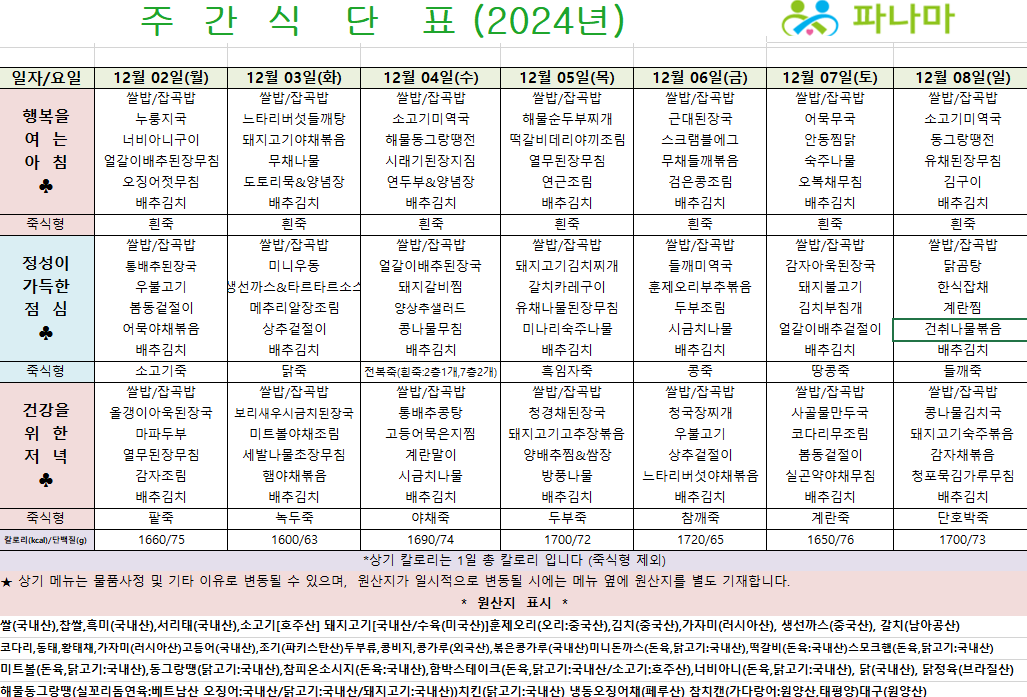 파나마 실버케어 12월 첫째주 식단표